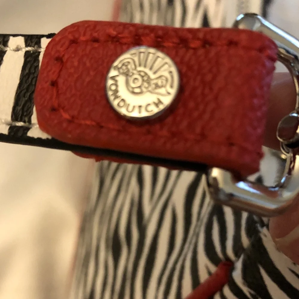Von Dutch Zebra Print Shoulder Bag Red Trim & Logo Silver Chain + Wrench NWT